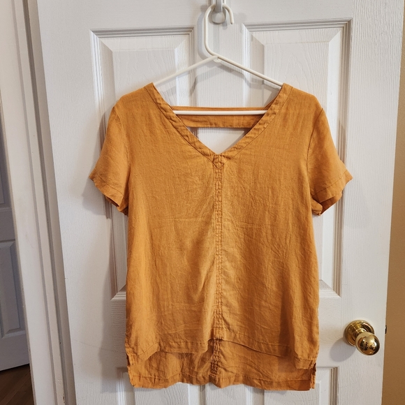 C&C California linen yellow orange short sleeve v-neck strappy tee blouse small - Picture 7 of 10